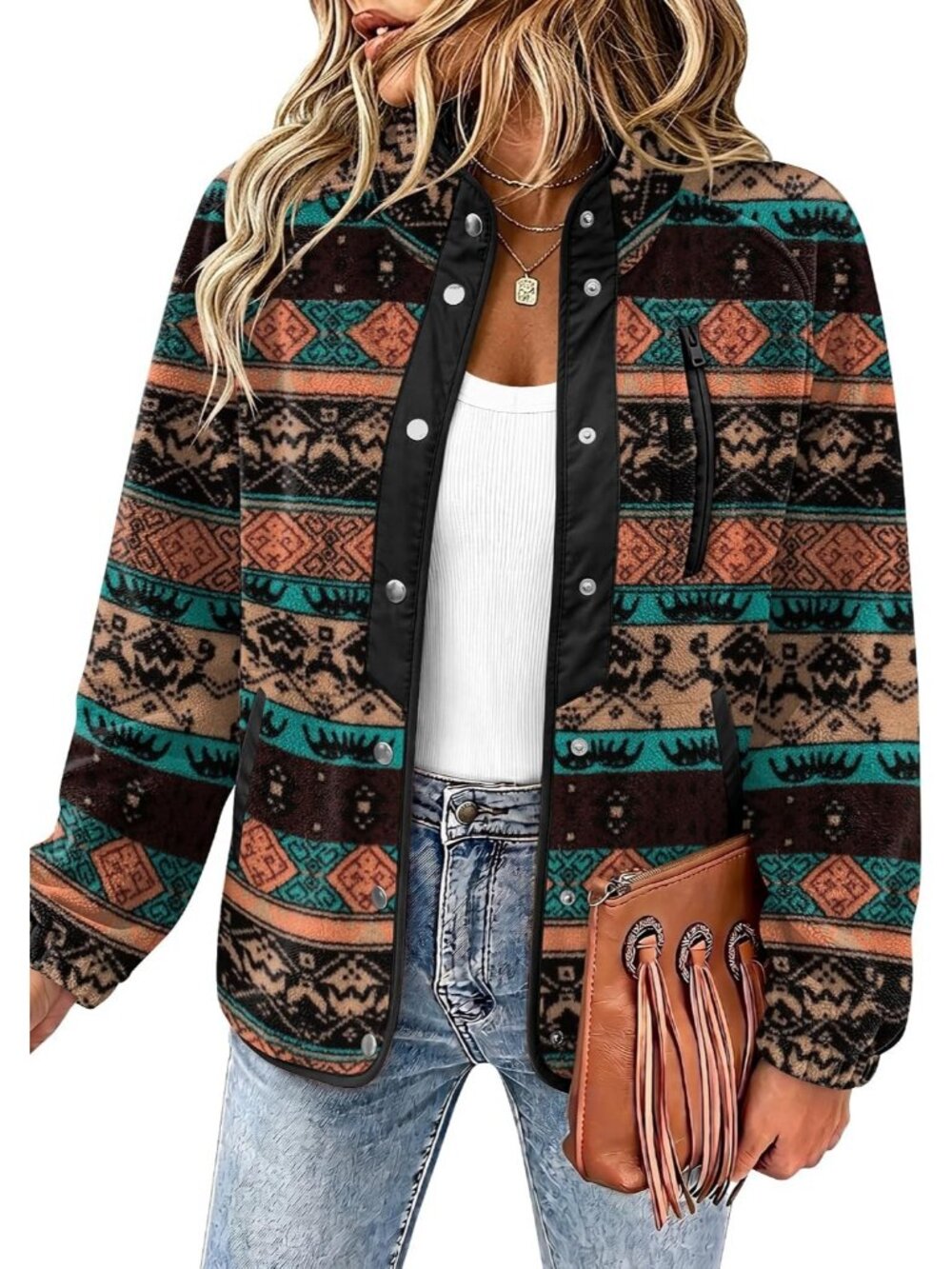 Women's Black Fleece Jacket Western Aztec Print Snap Button Down Outerwear